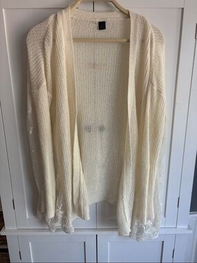 Ivory Open-Front Lace Hem Knit Cardigan